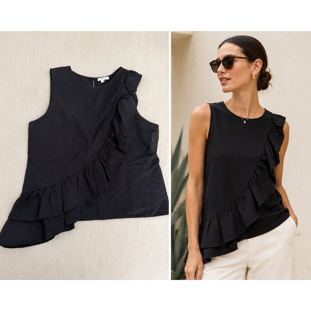 Tyler Böe Black Linen Blend Asymmetrical Ruffle Top Quiet Luxury Resort Chic L